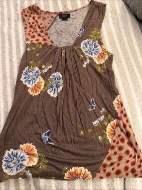 Deletta (Anthropologie) Brown Tank Top with Blue and Orange Floral Print